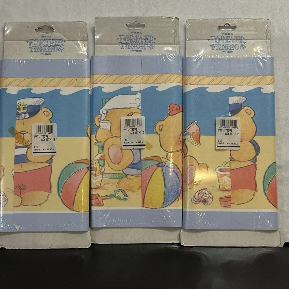 Rare FOREVER FRIENDS Andrew Brownsword Wallpaper BORDER 1992 Teddy Bears Beach
